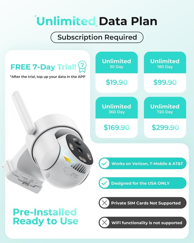 4G LTE Cellular Wireless, No WiFi Outdoor, Solar Powered, Built-in SIM Card, ... gallery