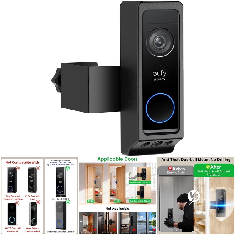 No-Drill Adjustable Mounting Bracket Anti-Theft Video Doorbell Eufy E340 Wyze