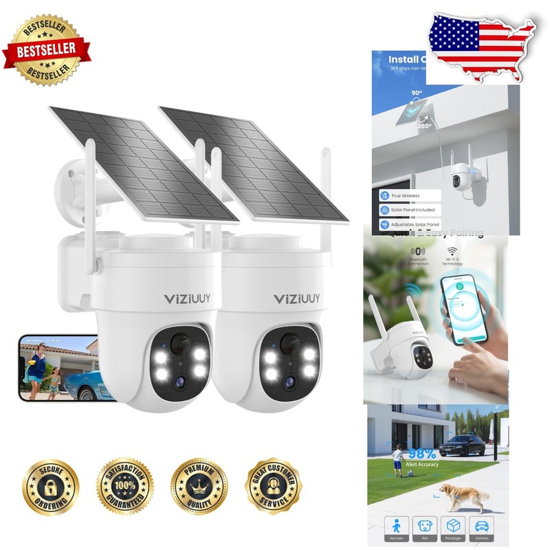 Wireless Outdoor Security Cameras 2 Pack Solar Powered 3MP HD Color Night Vision