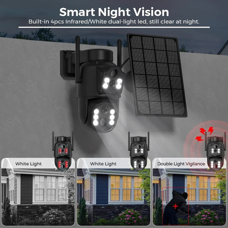 4K 8MP WiFi Solar Camera Dual Lens Outdoor PTZ IP Cam PIR Human Detection Video gallery