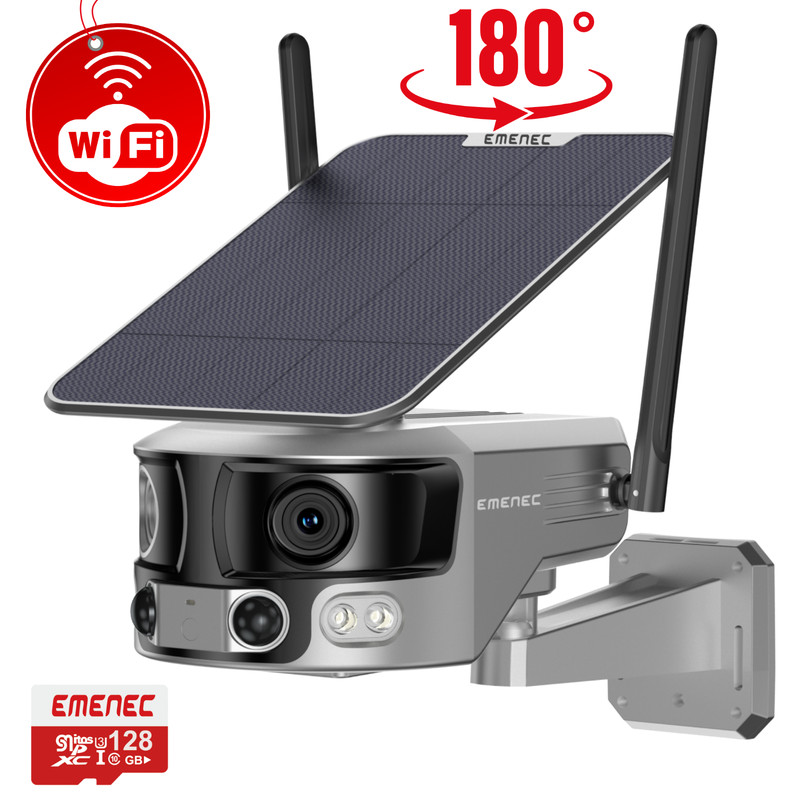Solar Security Camera Outdoor WiFi Dual Lens 180° 4K IP65 – EMENEC ESK-180