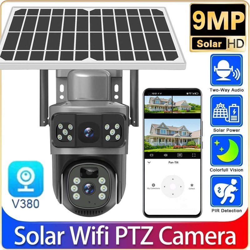 WiFi Solar PTZ Camera 4K Dual Lens Tri-Screen Outdoor Security PIR Surveillance
