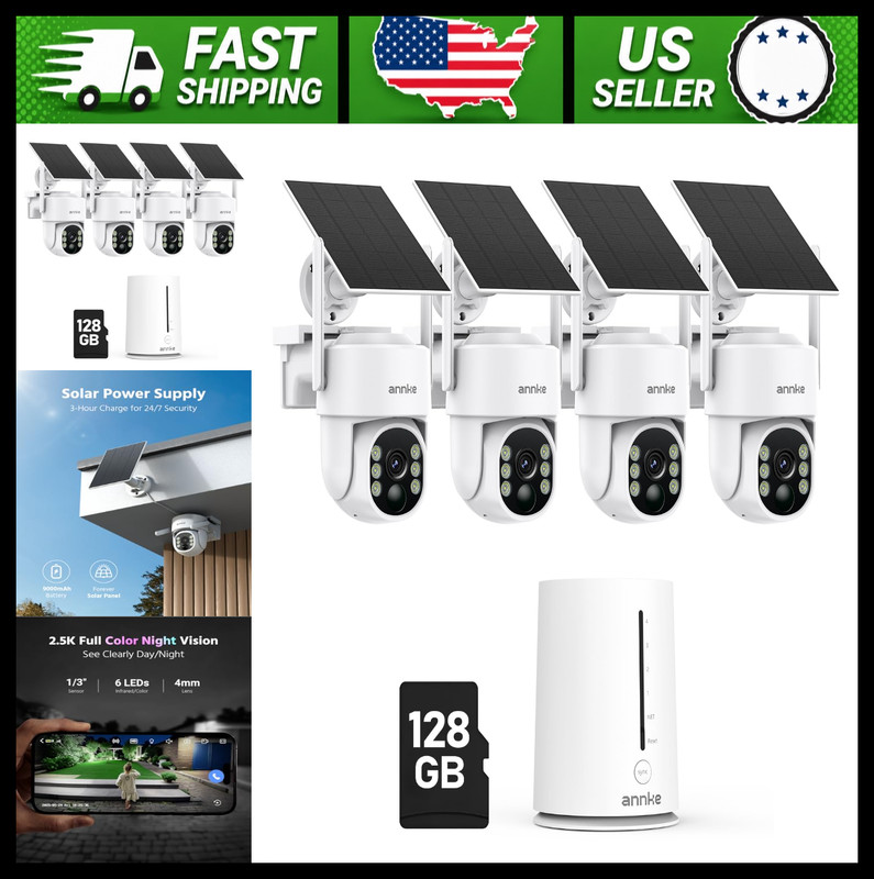 ANNKE Wireless Outdoor Solar Security Camera System, 4-Cam Kit, 360° View
