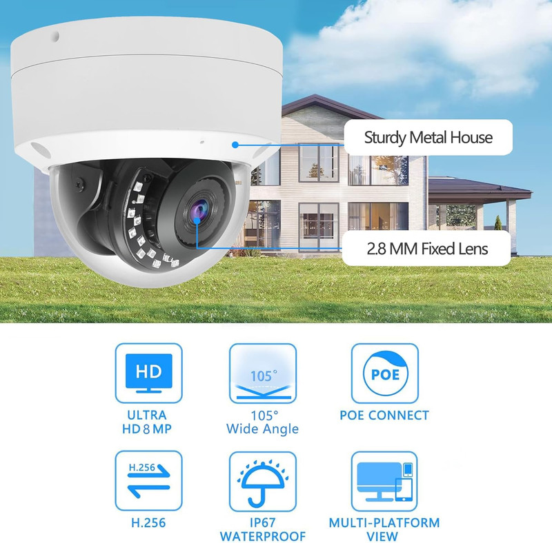 4K 8MP Poe IP Vandal Dome Poe IP Camera Outdoor, 2.8Mm Wide Angle 105° Fov, 98Ft gallery