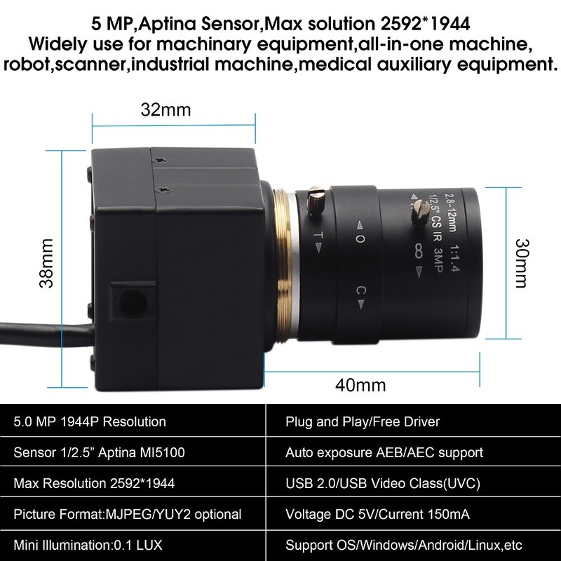 5MP USB 2.0 Webcam Aptina Free Driver CCTV Camera with 2.8-12mm Varifocal Lens gallery