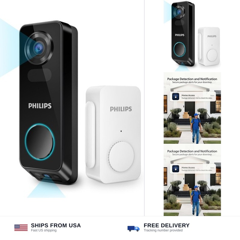 PHILIPS Security Video Doorbell Camera with Chime, Dual Cameras, 2K QHD | No …