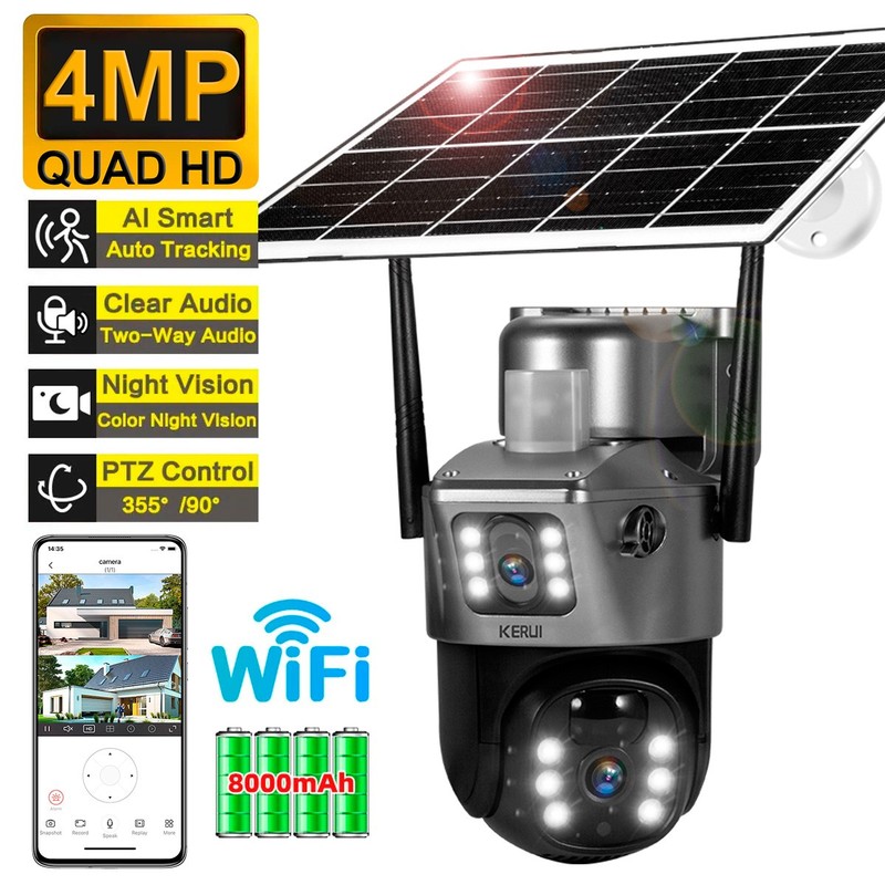 4MP Dual Lens WiFi Solar Battery Camera Wireless Outdoor CCTV Security Camera US