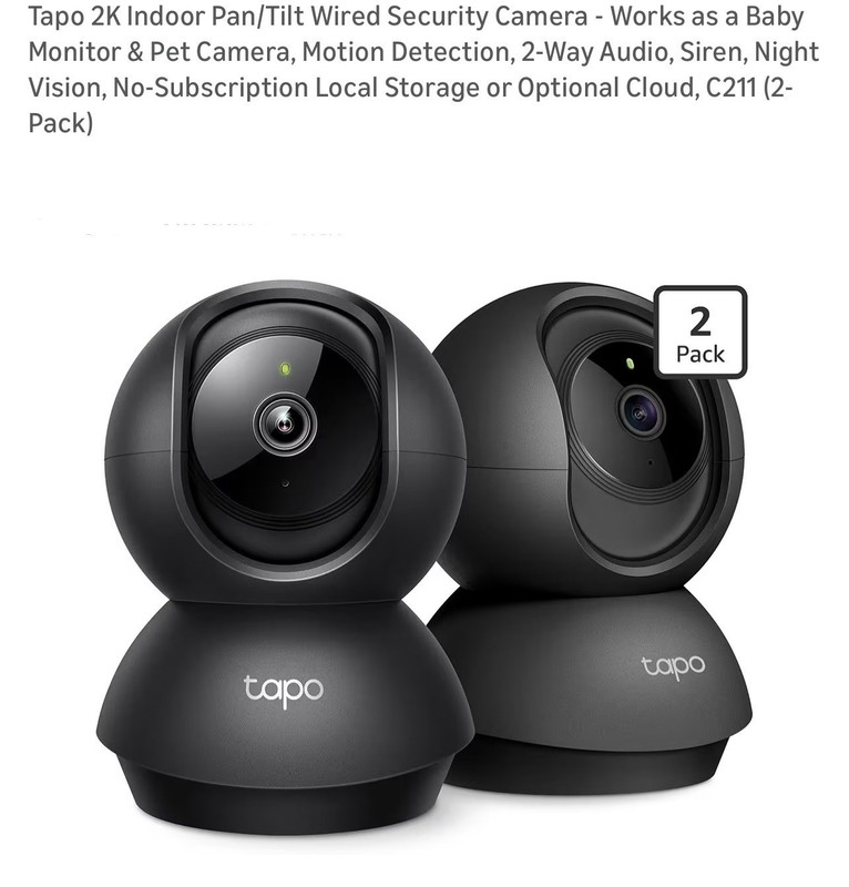 Tapo 2K Indoor Pan/Tilt Wired Security Camera – Works as a Baby 2-Pack, Black