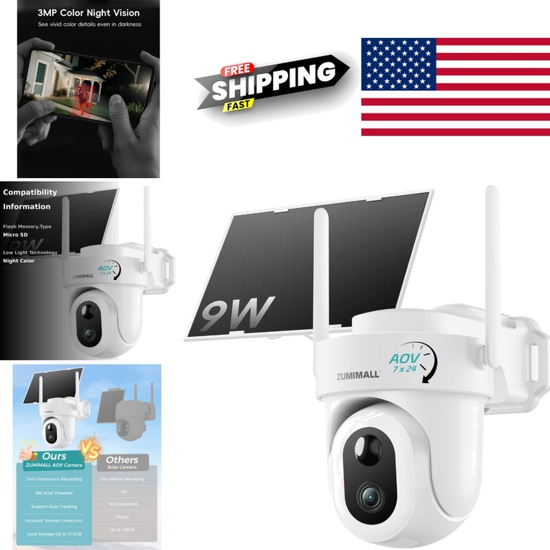 9W Solar Security Camera Wireless Outdoor with 360 Degree View and Night Vision