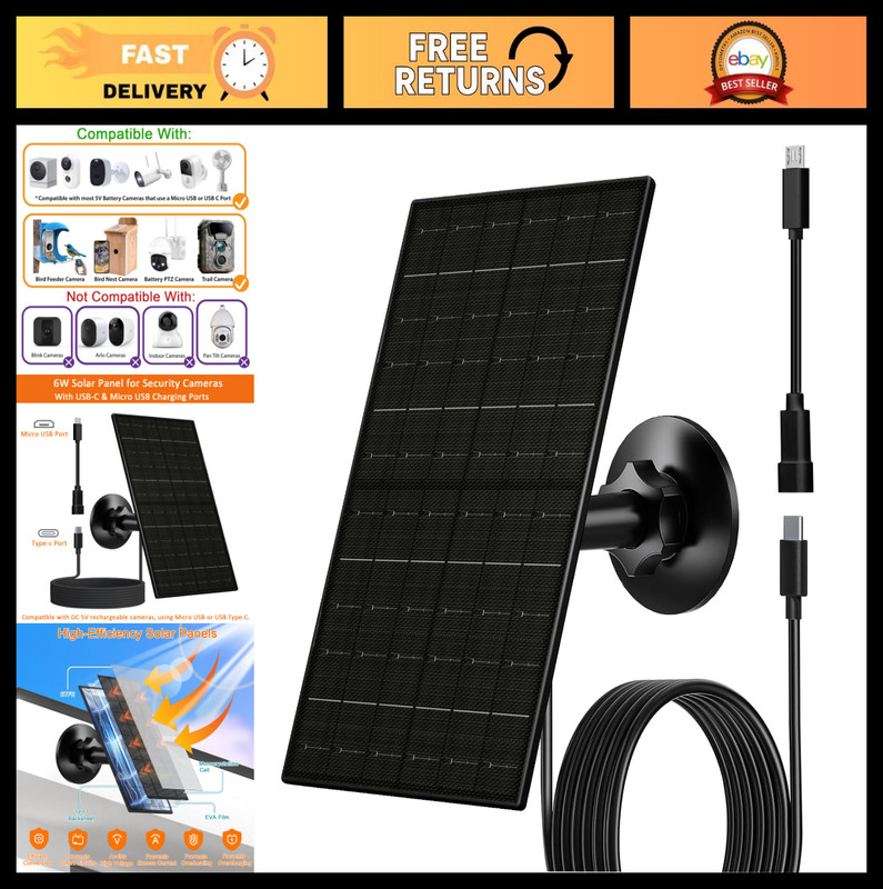 6W Solar Panel for Outdoor Security Cameras, USB/USB-C Charger, IP66 Waterproof,