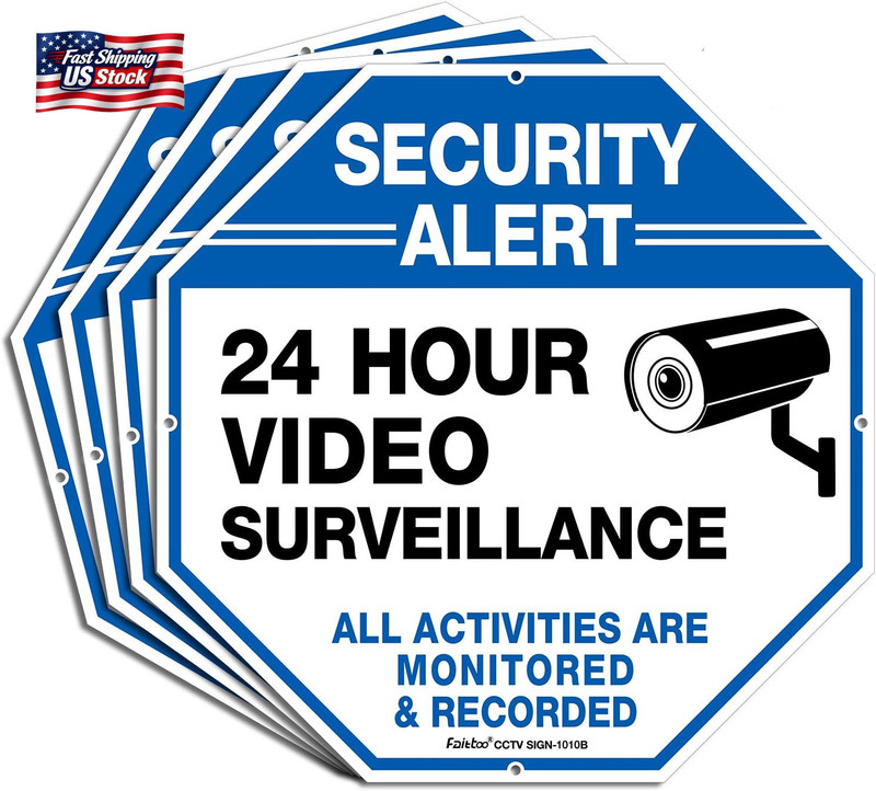 (4 Pack)"Security Alert - 24 Hour Video Surveillance, All Activities Monitored" gallery