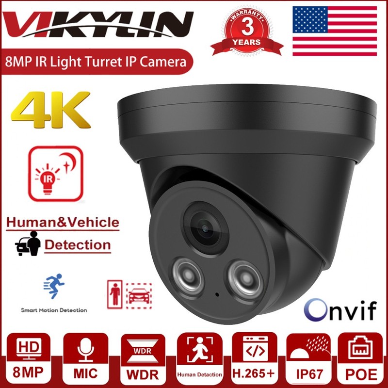 Vikylin 4K 8MP CCTV IP Camera IR 30m Night Vision POE w/ MIC Outdoor IP67 Black