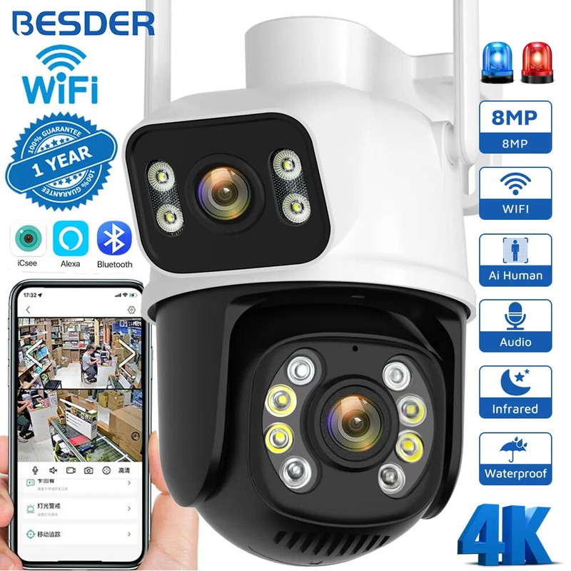 BESDER 8MP PTZ Wifi Outdoor Camera Night Vision Dual Screen 4MP Human Detection