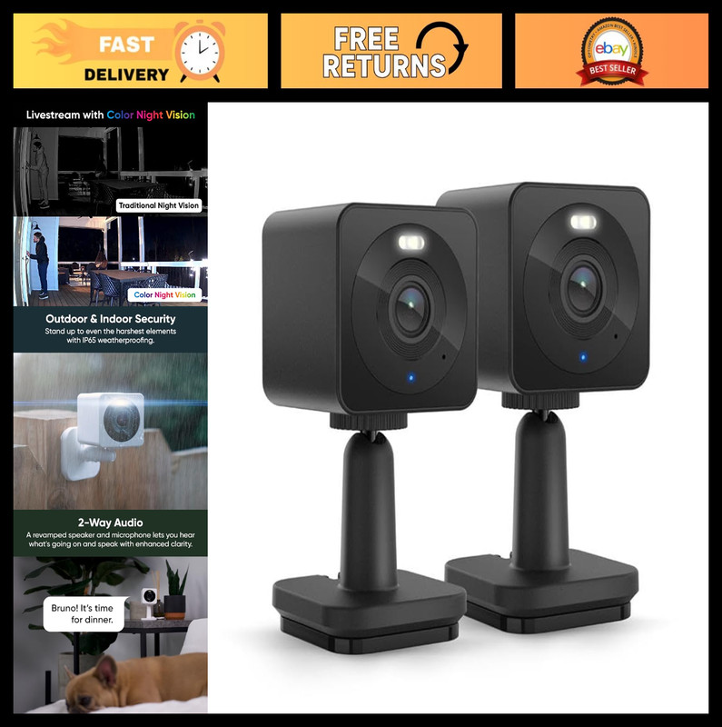 1080p Wi-Fi Smart Home Security Camera 2-Pack, Color Night Vision, Motion Detect