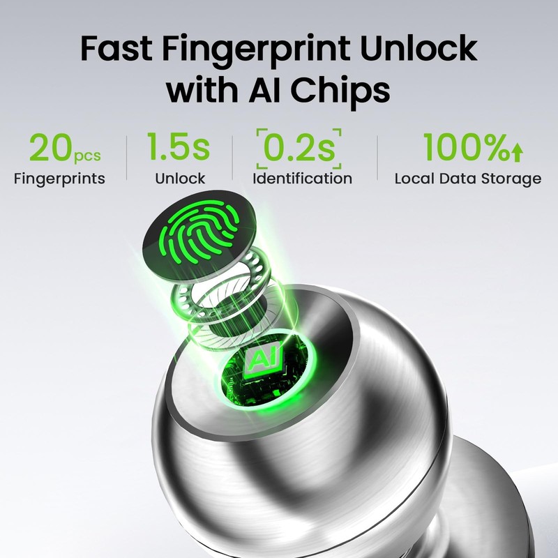 GHome Smart Fingerprint Door Lock, 3 in 1 Knob Silver gallery