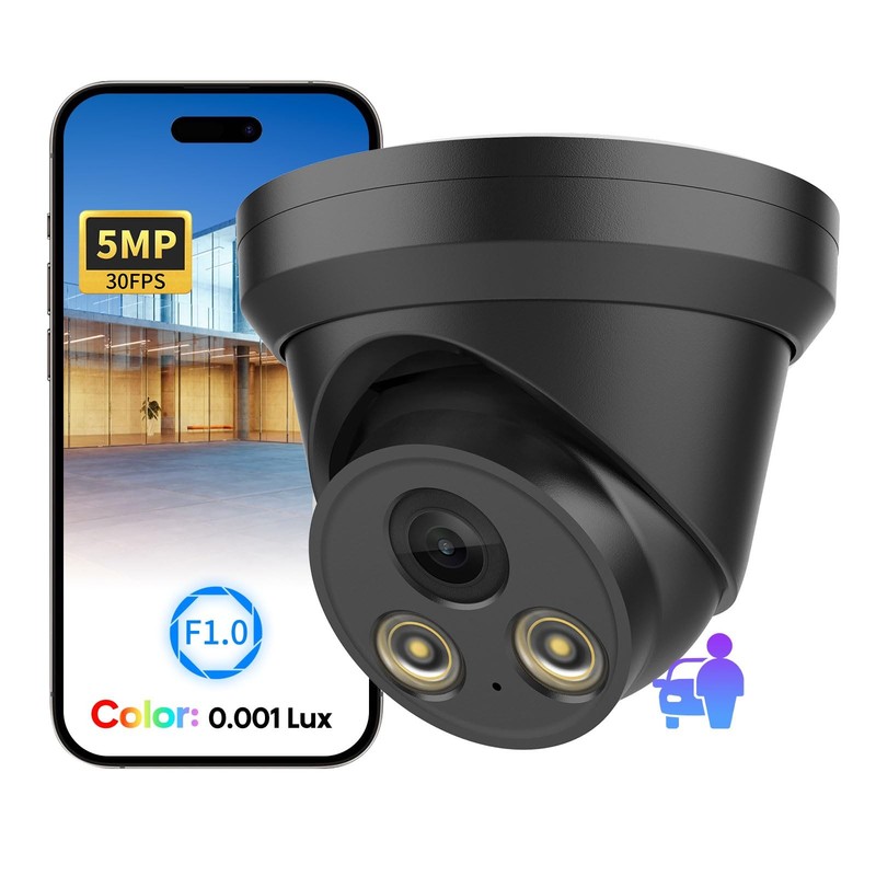 5MP Full Color Night Vision POE IP Turret Outdoor (Black),F1.0 Super Aperture…