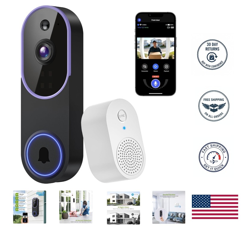 Smart 1080P Wireless Doorbell Camera with Night Vision & Instant Alerts - Purple