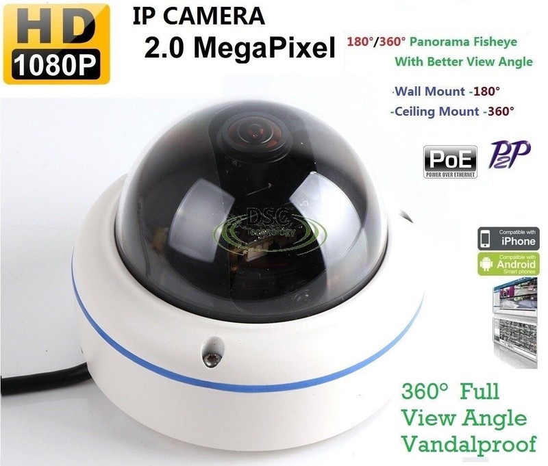 Indoor/Outdoor 2.0 Megapixel Fisheye IP Camera PoE/12VDC P2P Mobile App iCSee