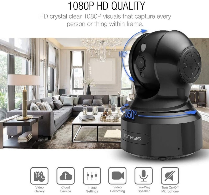 TETHYS Wireless Security Camera 1080P Indoor Work w/Alexa, Pan/Tilt, Motion Det. gallery