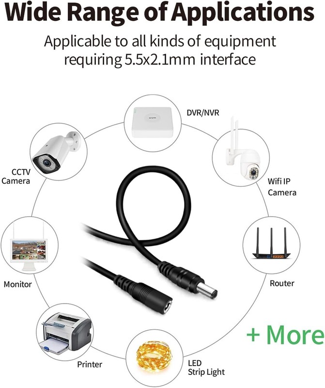 Tonton 2 Pack 6.6FT 2M DC Power Extension Cable 5.5 mm 6.6 ft (2 Pack), Black gallery