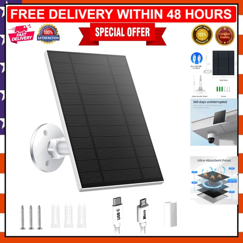 Solar Panel for Rechargeable Security Cameras – 5W, USB-C Compatible