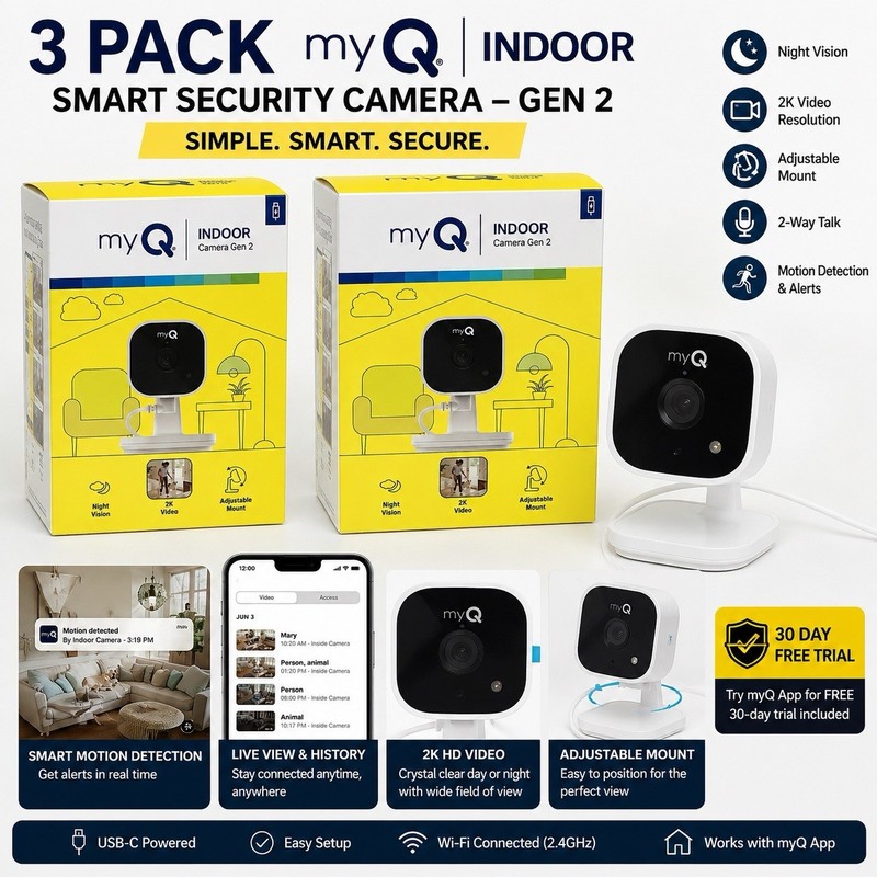 Indoor Security Camera myQ Gen 2 2K Video Night Vision WiFi 3 Pack Brand New gallery