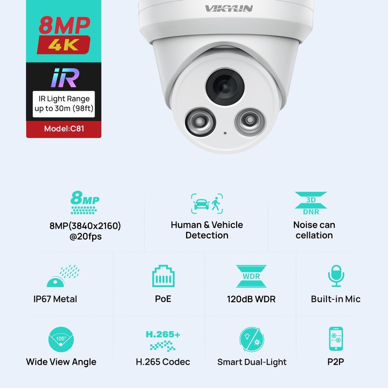 Vikylin 4K 8MP IP Camera IR Night Vision POE MIC Security Turret Outdoor NDAA gallery
