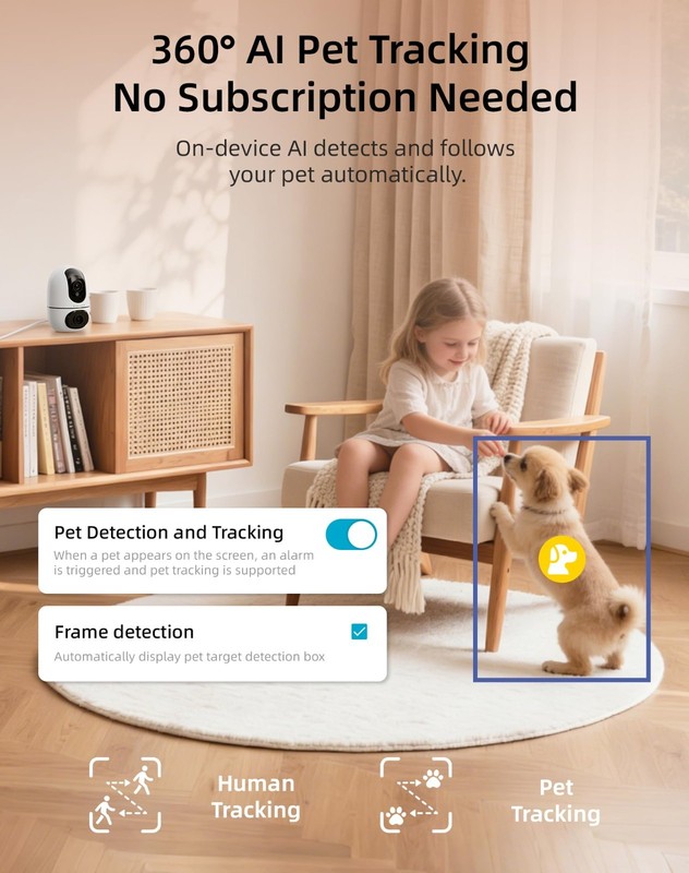 Indoor WiFi Pet Camera for Dogs & Cats - 360° Auto Tracking, 2-Way Audio, Night gallery