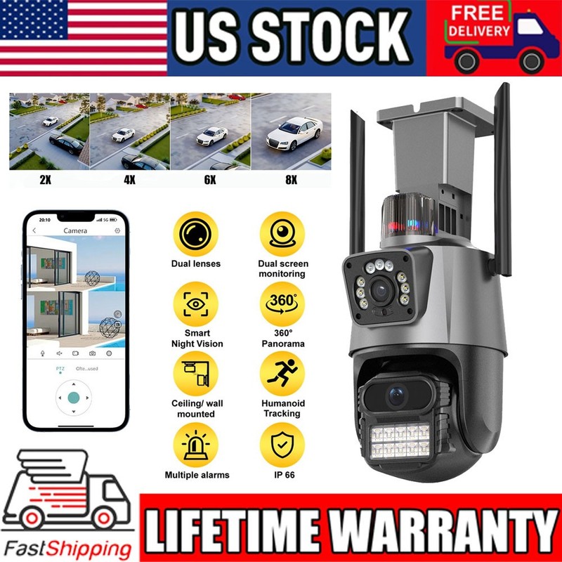 Dual Lens 4K WiFi Security Camera 8X Zoom Outdoor Home Night Vision CCTV PTZ