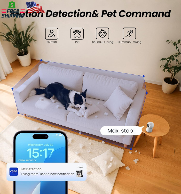Veise 2K Indoor Security Camera 2.4Ghz, 360° Pan/Tilt Pet Camera with Motion Tra gallery