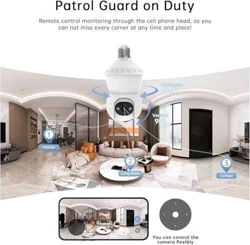 2K Smart Light Bulb Security Camera - 360° Wireless Outdoor, AI Detection, Night gallery