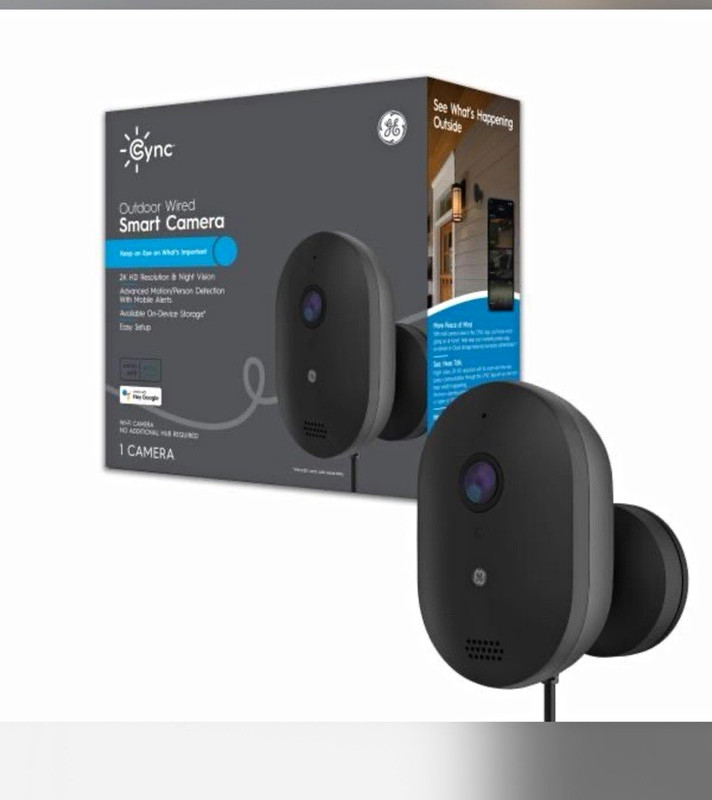 GE Cync Outdoor Wired Smart Camera 2K Wi-Fi Night Vision Motion Black 1 NEW!!