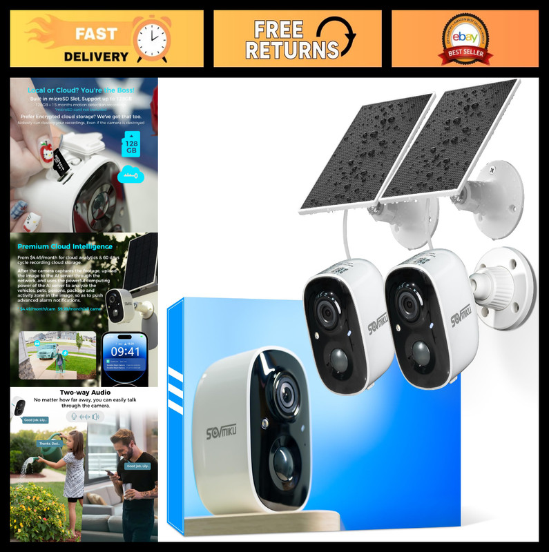 2K Wireless Solar Security Camera System – Outdoor, Battery Powered, Motion Dete