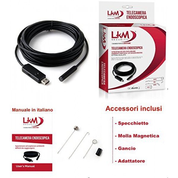 TELECAMERA ENDOSCOPICA PER ISPEZIONI ENDOSCOPIO 5 METRI HD 1600×1200 USB