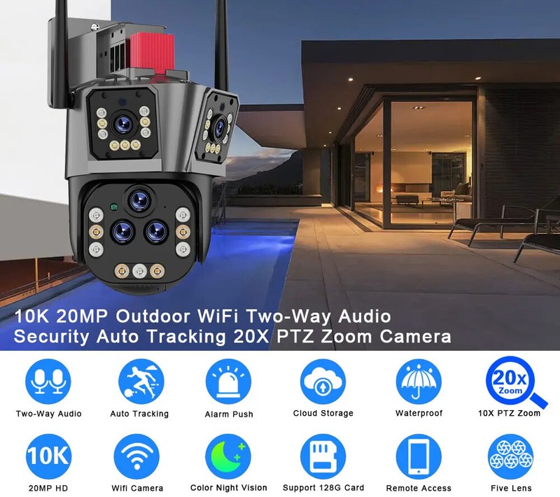 20MP Outdoor WiFi Camera Motion Tracking PTZ 3 Screen Security Protection Video gallery
