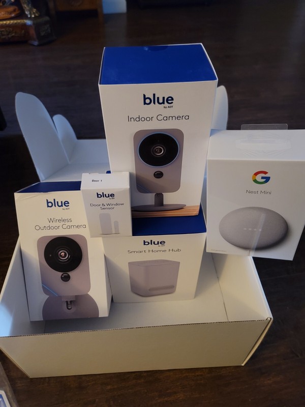 ADT-BLUE STARTER KIT-Smart HomeHub,Outdoor Camera,Indoor Camera, Google NestMini