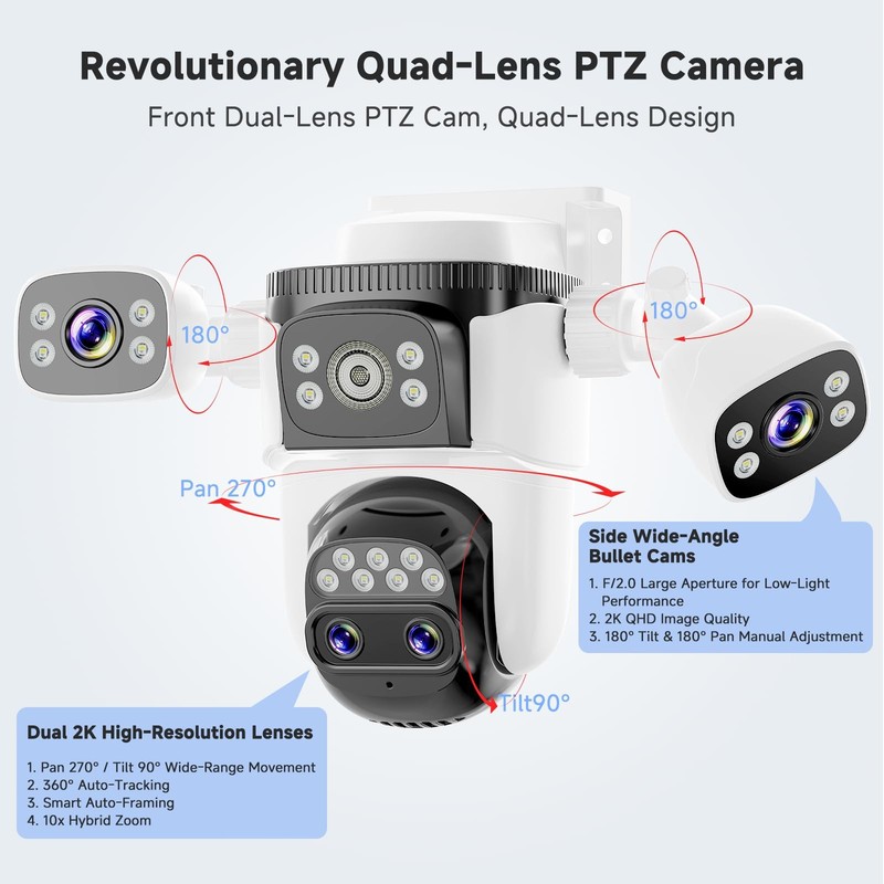 4-Lens Security Cameras Wireless Outdoor, 4-in-1 Multi-View 2K 360° PTZ Plug-... gallery