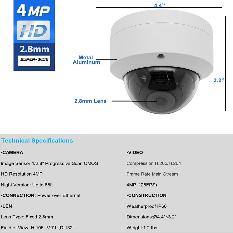 4MP PoE IP Vandal Dome Camera Outdoor/Indoor, IP Security Camera, 65ft Night Vis gallery