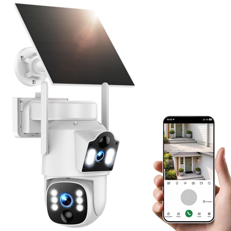 4G LTE Cellular Security Camera, Dual Lens 360° PTZ Auto Tracking, Solar Came…