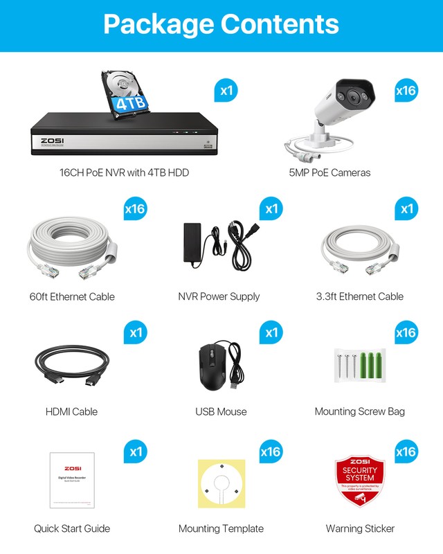 ZOSI H.265+16CH 4K POE NVR Ultra HD 5MP Security Camera System 4TB IP66 Outdoor gallery