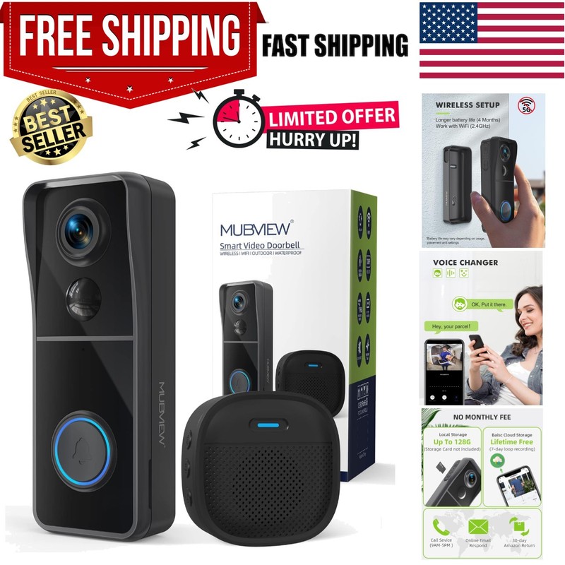 Doorbell Camera Wireless with Chime, Video Doorbell – No Subscription, Voice …