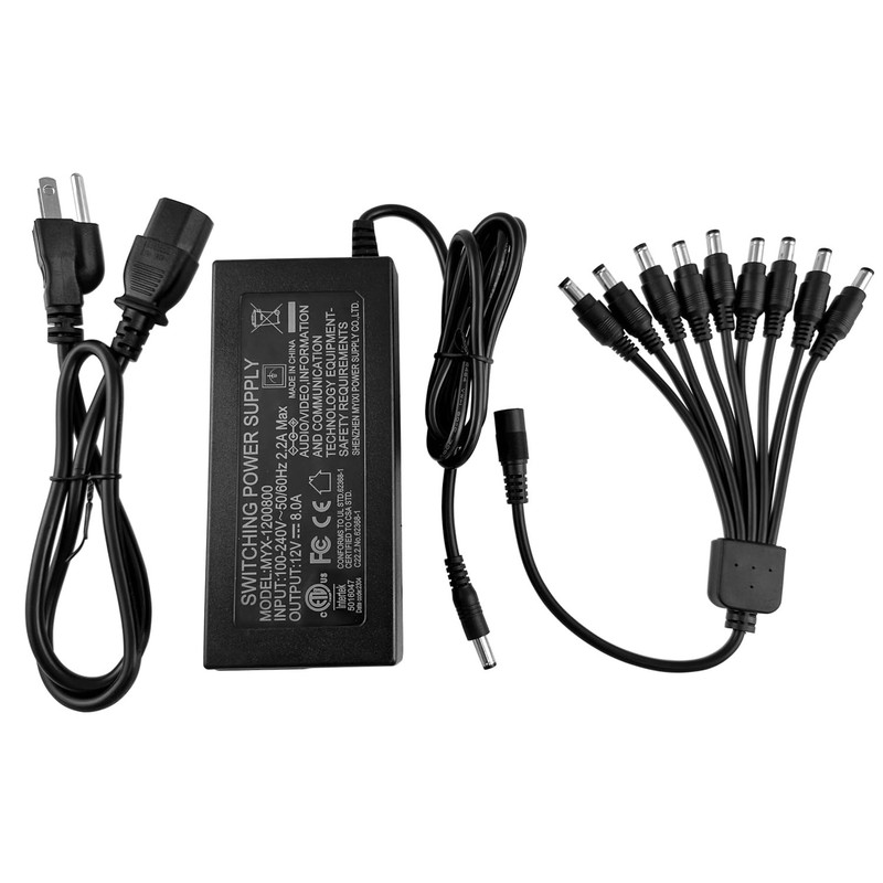 12V 8A Power Adapter for Security Cameras and DVRs, with Black
