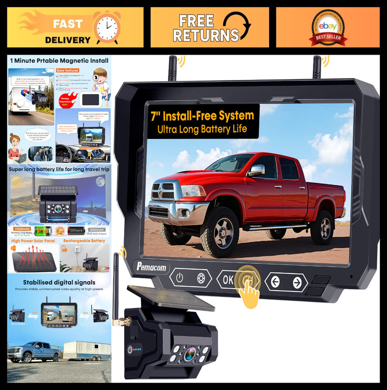 Magnetic Solar Wireless Backup Camera – 7″ HD 1080P, Easy Install, Scratch-Proof