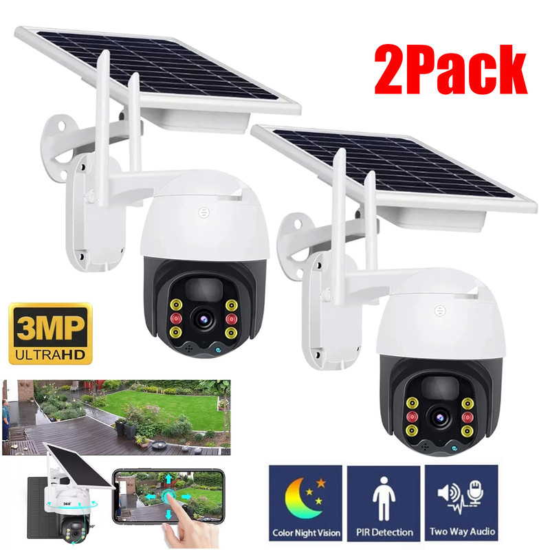 2X Solar Battery Powered Wireless WiFi Outdoor Pan/Tilt Home Security Camera