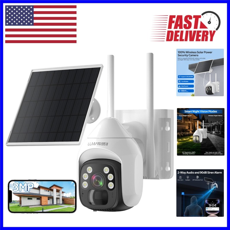 2K Wireless Solar Security Camera with Dual-Band WiFi, Pan-Tilt & Night Vision