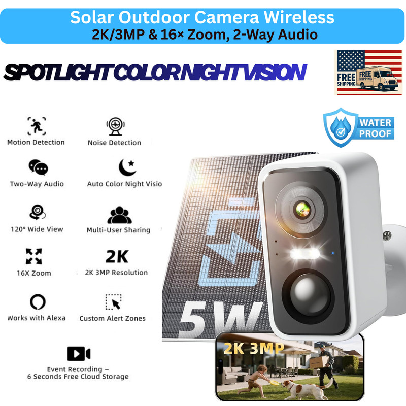 2K Wireless Solar Outdoor Security Camera, 365-Day Power, 2-Way Audio