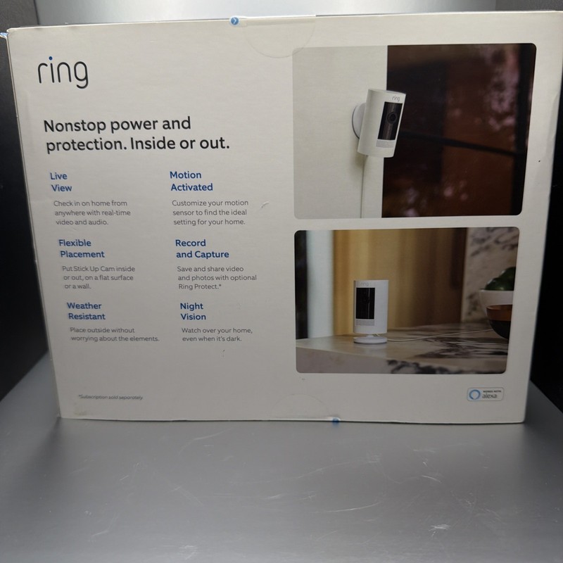 Ring Stick Up Cam Plug-in, Indoor/ Outdoor, Motion Activated, White - SEALED gallery