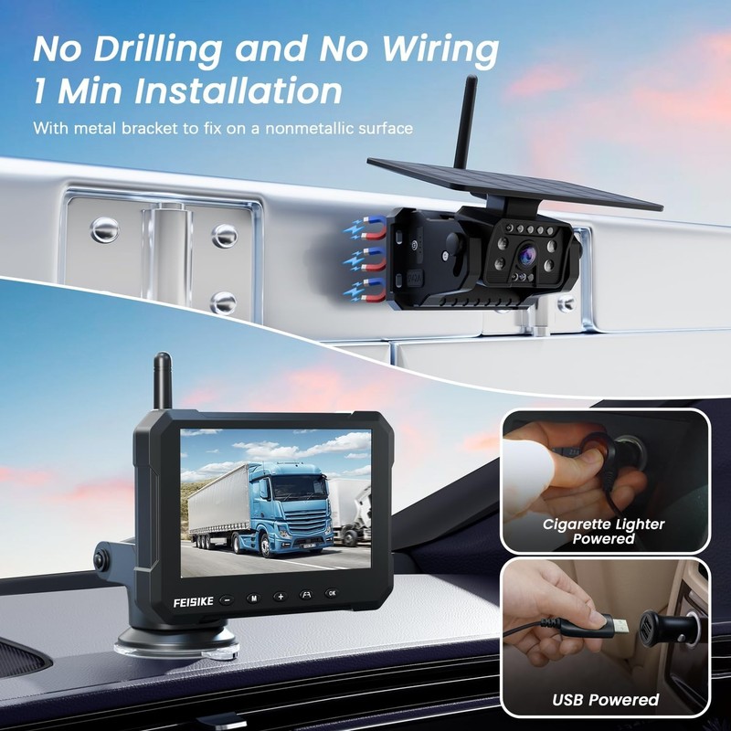 Wireless Magnetic Solar Backup Camera, 5" 1080P, Easy Install, 150° Wide Angle, gallery