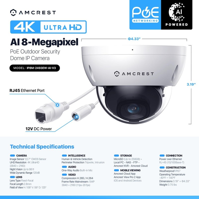 UltraHD 4K (8MP) Outdoor Security PoE IP Camera, 3840x2160, 98ft NightVision, 2. gallery