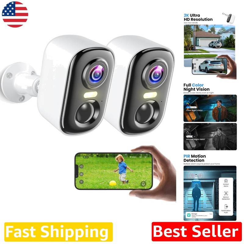 Rechargeable 2K Outdoor WiFi Security Cameras 2pk – AI, Color Night Vision, S…